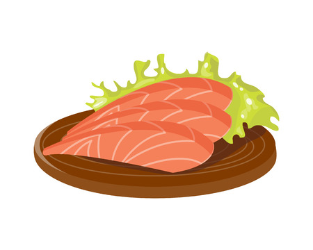 Salted red fish slice on wooden board fresh meat plate healthy fillet meal dinner vector and gourmet food diet ingredient portion prepared illustration.のイラスト素材