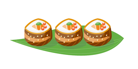 Sushi japanese cuisine traditional food flat healthy gourmet icon and oriental restaurant rice asia meal plate culture roll vector illustration.のイラスト素材