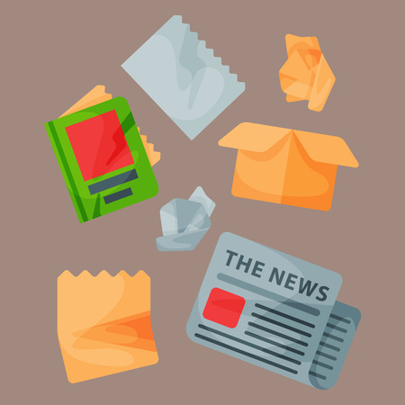 Recycling garbage paper elements trash tires management industry utilize waste can vector illustration.のイラスト素材