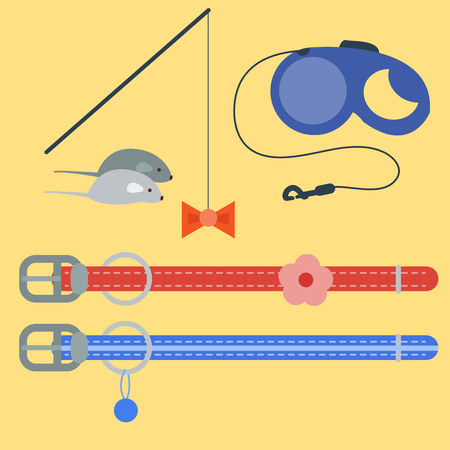 Colorful cat accessory cute vector animal icons pet equipment food domestic feline illustration.のイラスト素材