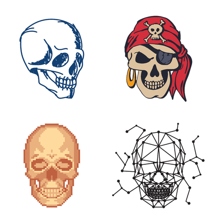 Different style skulls faces vector illustration halloween horror style tattoo anatomy art.のイラスト素材