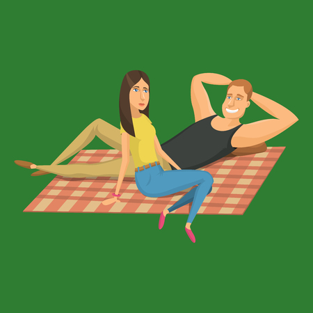 Picnic setting barbecue resting couple vector character illustrationのイラスト素材