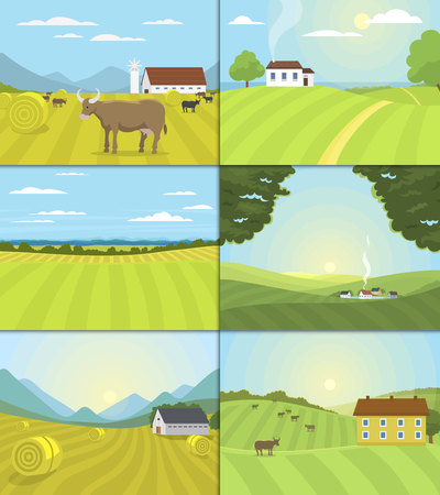 Village landscapes vector illustration farm field and houses agriculture graphic country sideのイラスト素材
