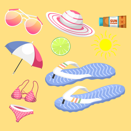 Summer time beach sea shore realistic accessory vector illustration sunshine travelのイラスト素材