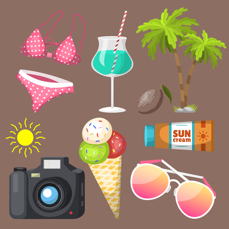 Summer time beach sea shore realistic accessory vector illustration sunshine travelのイラスト素材
