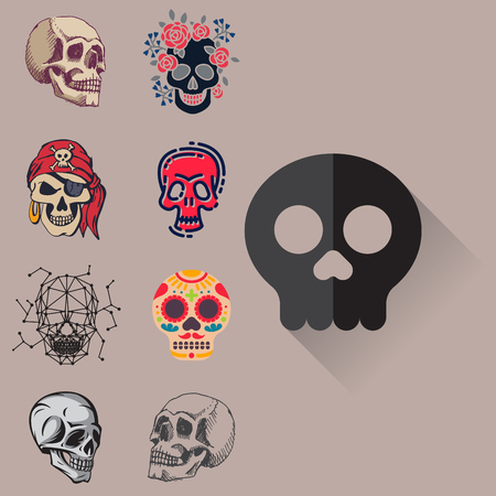 Different style skulls faces vector illustration halloween horror style tattoo anatomy art.のイラスト素材