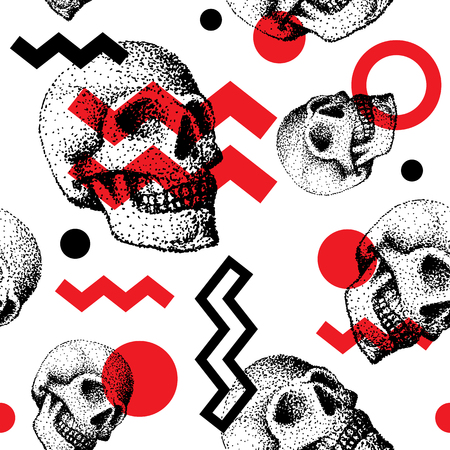 Hand made human skull bone cranium face retro grunge vintage seamless pattern backoundのイラスト素材
