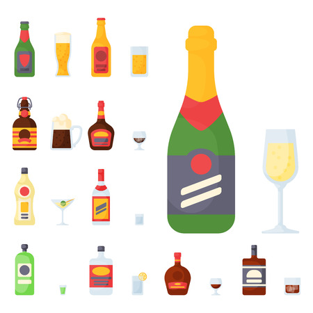 Alcohol drinks beverages cocktail bottle lager container drunk different glasses vector illustration.のイラスト素材