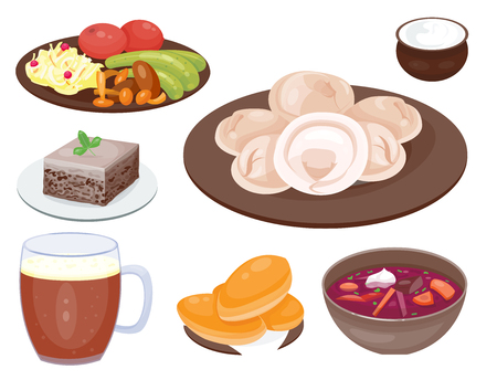 Traditional Russian cuisine culture dish course food welcome to Russia gourmet national meal vector illustrationのイラスト素材