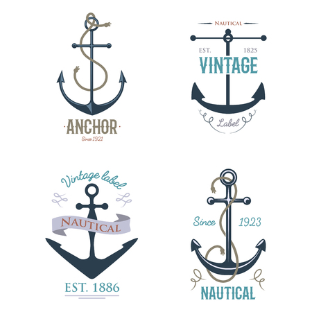 Vintage retro anchor badge and label, vector sign sea ocean graphic element nautical symbol, marine emblem traditional anchorage design illustration.のイラスト素材