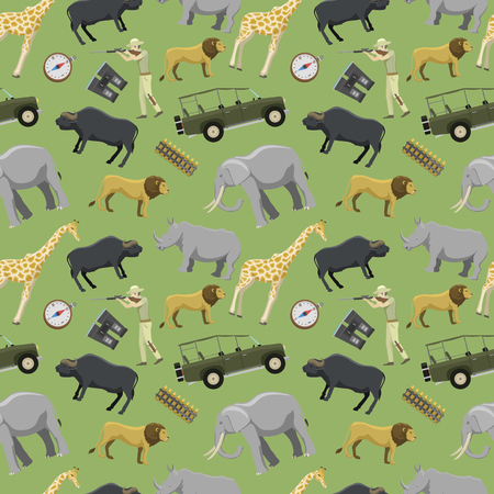 Hunter man shotgun and africa exotic safari wild animals hunting sport vector illustration seamless pattern backgroundのイラスト素材