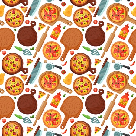 Hot fresh pizza banner seamless pattern icon food and drink element typographic design label or sticker bakery vector illustration. Cooking cafe menu symbol with traditional lunch delicious.のイラスト素材