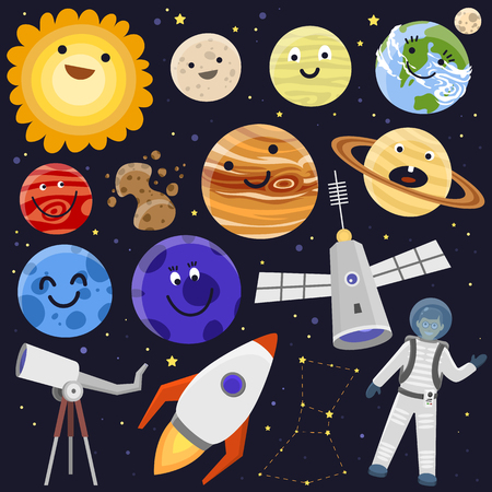 Astronaut space landing planets spaceship solar system future exploration space ship cosmonaut rocket shuttle vector illustrationのイラスト素材