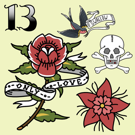 Old school vintage retro tattoo ink art style hand drawn tattooing symbol traditional graphic drawingのイラスト素材