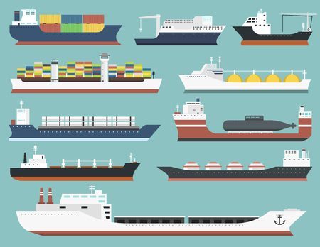 Set of commercial delivery cargo vessels and tankers shipping bulk carrier train ferry freight industrial goods side view isolated on background tankers boat vector illustrationのイラスト素材