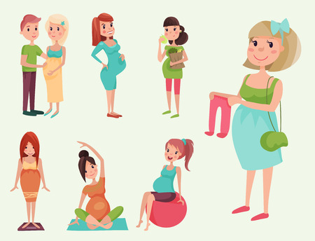 Pregnancy motherhood people and expectation concept happy pregnant woman character life with big belly vector illustration. Mother beautiful abdomen expectant parenthood.のイラスト素材