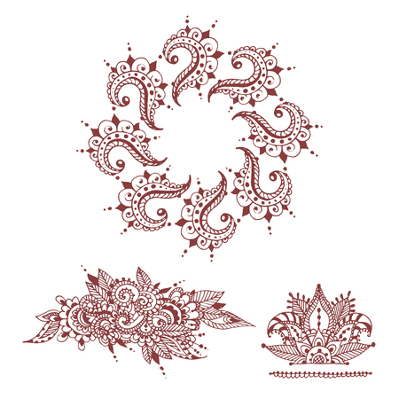 Henna tattoo brown mehndi flower doodle ornamental decorative indian design pattern paisley arabesque mhendi embellishment vector.のイラスト素材