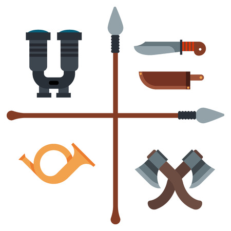 Hunting weapons and symbols design elements flat style hunter forest wild animals vector illustration.のイラスト素材