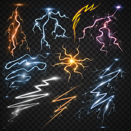 Lightning bolt storm strike realistic 3d light thunder-storm magic and bright lighting effects vector illustration.のイラスト素材
