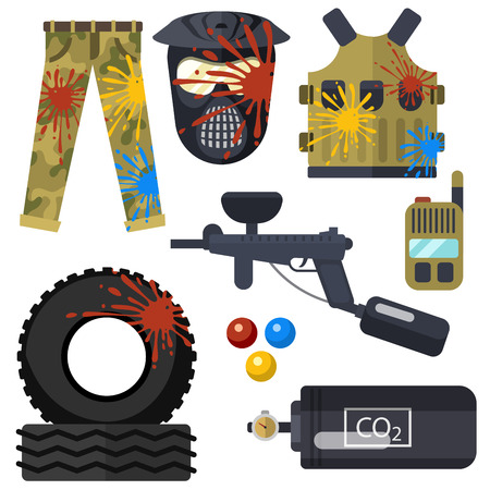 Set of paintball club symbols icons protection uniform and sport game design elements shooting man costume equipment target vector illustration. Fun leisure action battle cartoon aiming.のイラスト素材