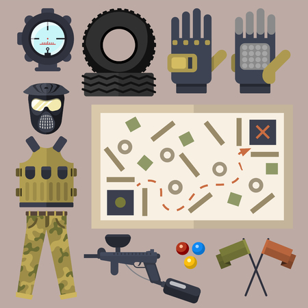 Paintball club symbols icons protection uniform and sport game design elements equipment target vector illustrationのイラスト素材