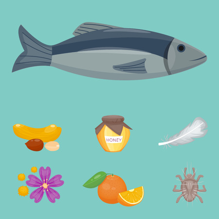 Allergy symbols disease healthcare food viruses health flat illness allergen symptoms disease information vector illustration.のイラスト素材