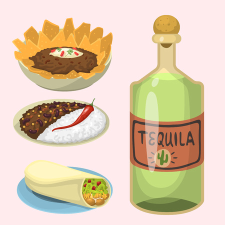 Mexican traditional food meat isolated and spicy pepper salsa lunch sauce cuisine vector illustration isolated on whiteのイラスト素材