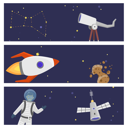Astronaut space landing card design future exploration space ship cosmonaut rocket shuttle vector illustrationのイラスト素材