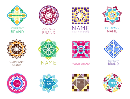 Abstract triangular polygonal shape kaleidoscope geometry company brand logo badge template circle decorative vector icon.のイラスト素材