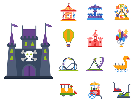 Carousels amusement attraction park side-show kids outdoor entertainment construction vector illustration.のイラスト素材