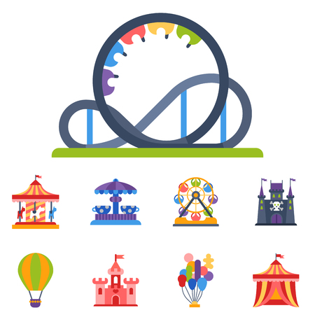 Slides and swings amusement park, ferris wheel attraction park. Carnival amusement leisure festival ride. Carousels entertainment attraction side-show kids park construction vector illustration.のイラスト素材
