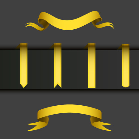 Realistic gold vector ribbons tape flag set banner with stitch band detailing for your design project. Shiny bow decorative elegance graphic template. Xmas classic glossy scroll.のイラスト素材