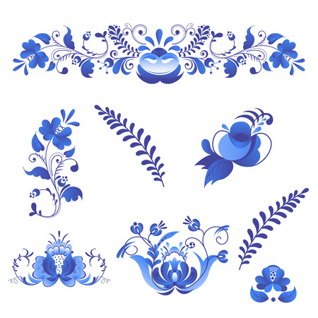 Russian ornaments art gzhel style painted with blue on white flower traditional folk bloom branch pattern vector illustration.のイラスト素材