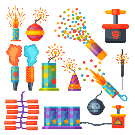 Fireworks pyrotechnics rocket and flapper birthday party gift celebrate vector illustration festival toolsのイラスト素材