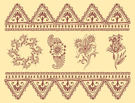 Henna tattoo brown mehndi flower doodle ornamental decorative indian design pattern paisley arabesque mhendi embellishment vector.のイラスト素材