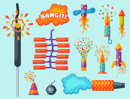 Fireworks pyrotechnics rocket and flapper birthday party gift celebrate vector illustration festival toolsのイラスト素材