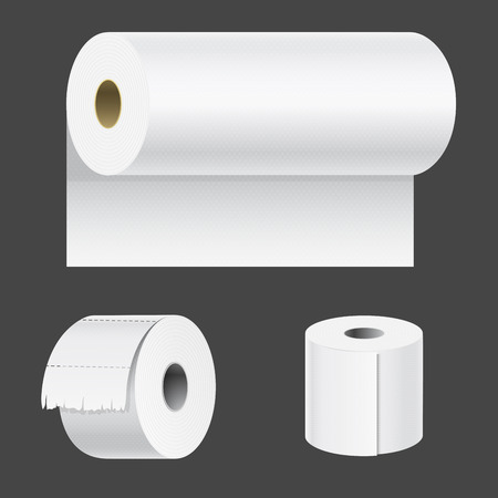 Realistic paper roll mock up set isolated vector illustration blank white 3d packaging kitchen towel templateのイラスト素材