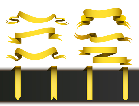 Realistic gold vector ribbons tape flag set banner with stitch band detailing for your design project. Shiny bow decorative elegance graphic template. Xmas classic glossy scroll.のイラスト素材