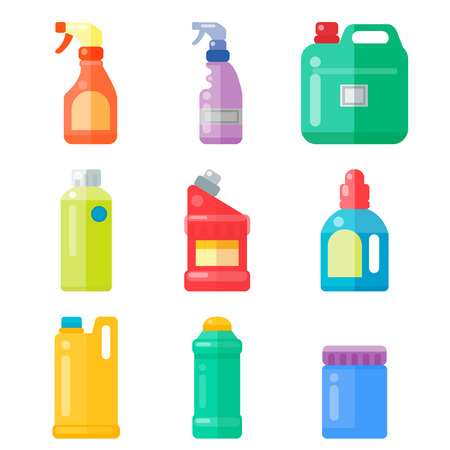 Group of bottles of household chemicals supplies and cleaning housework plastic detergent liquid domestic fluid bottle cleaner pack vector illustration.のイラスト素材