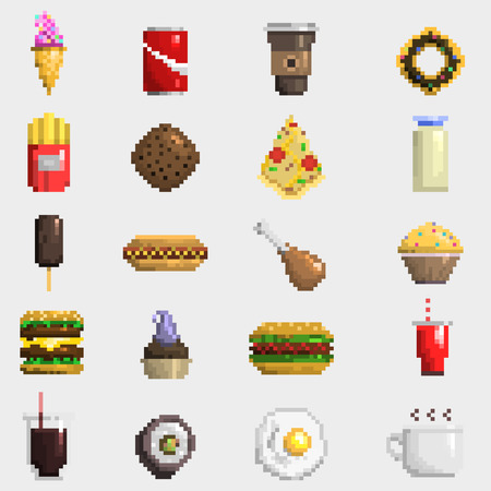 Set of pixel icons fruit sweet sign. Fast food computer design symbol retro game web graphic. Vector...