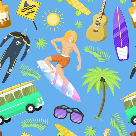 Surfing active water sport surfer summer time beach activities man windsurfing jet water wakeboarding seamless pattern backgroundのイラスト素材