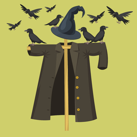 Garden ugly terrible fabric scarecrow fright bugaboo doll human silhouette on stiick character dress from farm rag-doll vector illustration.のイラスト素材