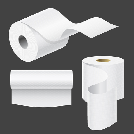 Realistic paper roll mock up set isolated vector illustration blank white 3d packaging kitchen towel, toilet paper roll, cash register tape, thermal fax roll templateのイラスト素材