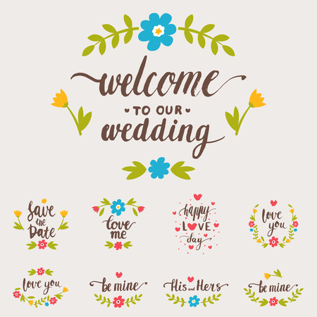 Set of vector hand drawn typography save the date quote text  badge design for greeting cards or invitations illustration. Calligraphy phrases unique lettering vintage wedding templatesのイラスト素材