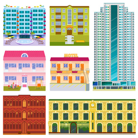 Different buildings hotels facade tourist travelers vacation time apartment urban town vector illustrationのイラスト素材