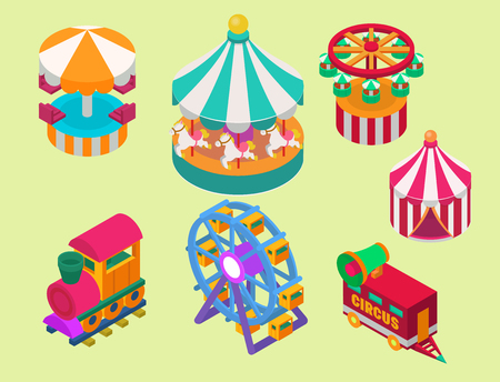 Circus isometric show entertainment tent marquee outdoor festival with stripes and flags carnival signsのイラスト素材