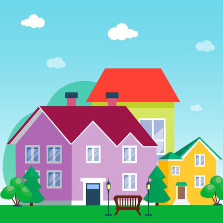 Vector city with cartoon houses and buildings. City space with road on flat style background concept. Summer urban landscape. Street view with cityscape background modern flat styleのイラスト素材