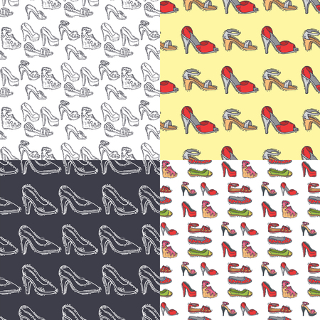 Set of womens shoes seamless pattern background vector collection hand drawn style of leather colored moccasins boots illustration. Wear for all seasons. For shoe store ad fashion concepts.のイラスト素材