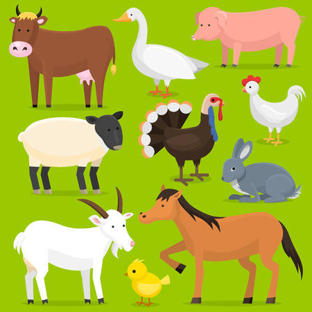 Farm vector animals, birds farmland set illustration. Horse, pig, cow. Cartoon mammal comic farmers animals design agriculture isolated on white nature background.のイラスト素材