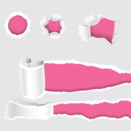 Torn edges hole lacerated ragged paper edge and crack realistic 3d style vector illustration collectionのイラスト素材